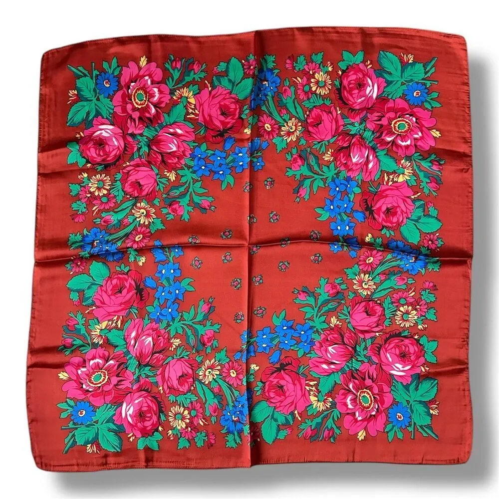 Red Square Scarf With Pink Floral 27” X 27” Scarve Unisex Fashion